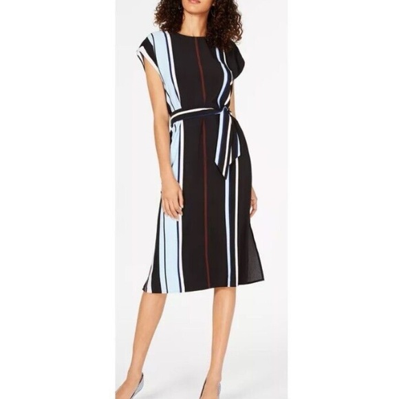 Alfani Women Rumor Stripe Blue Black Tie Waist Dress Size 6 - Picture 1 of 8